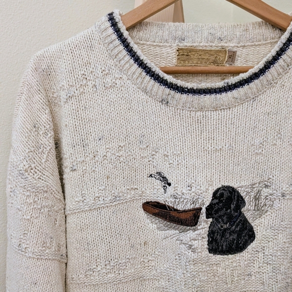 Vintage Embroidered Black Lab & Canoe Textured Chunky Crewneck Sweater In Ivory - Picture 6 of 12